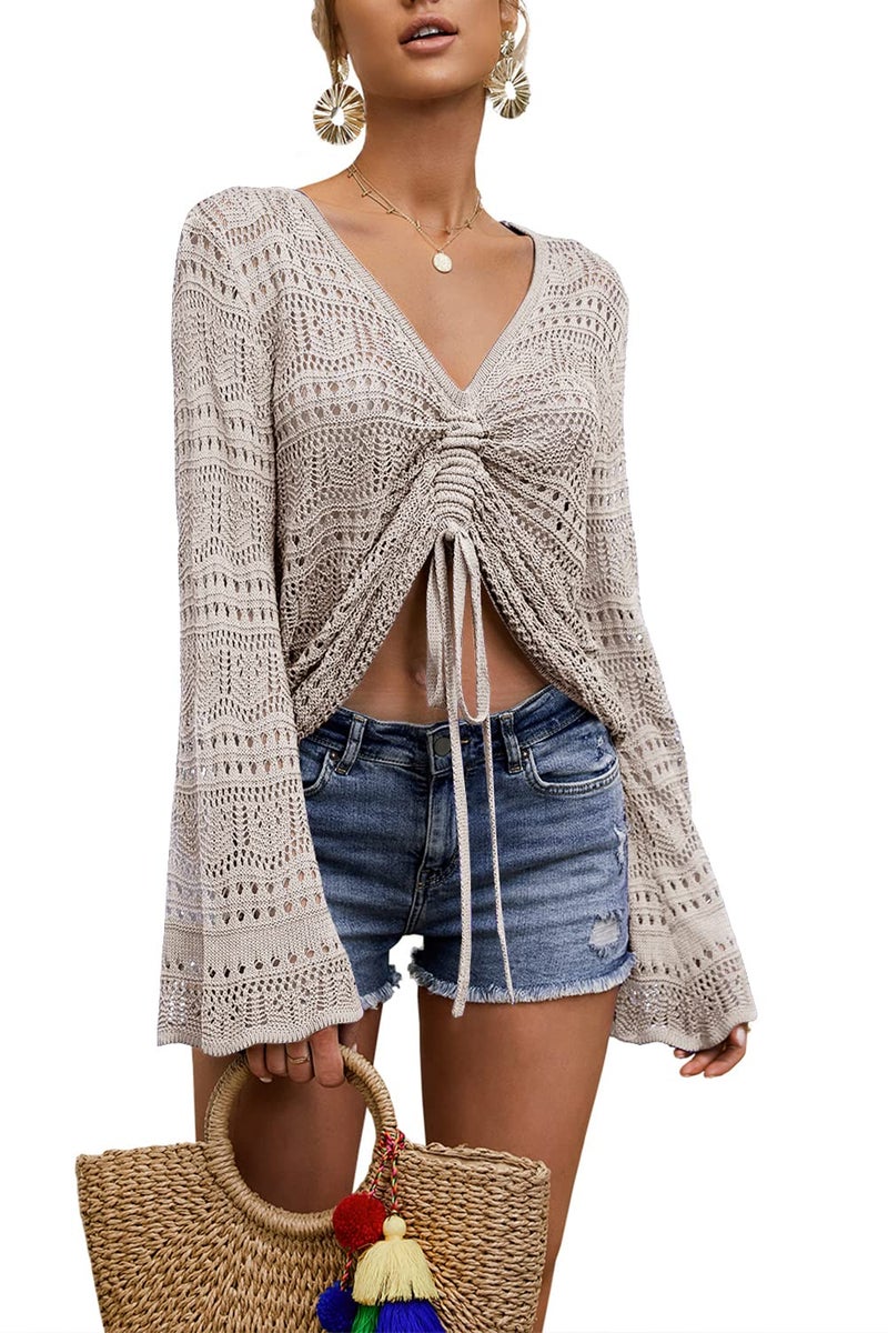 Saodimallsu Womens Boho Off Shoulder Sheer Crop Tops Bell Sleeve Flowy Oversized Crochet Ruched Pullover Sweaters Grey - Image 2